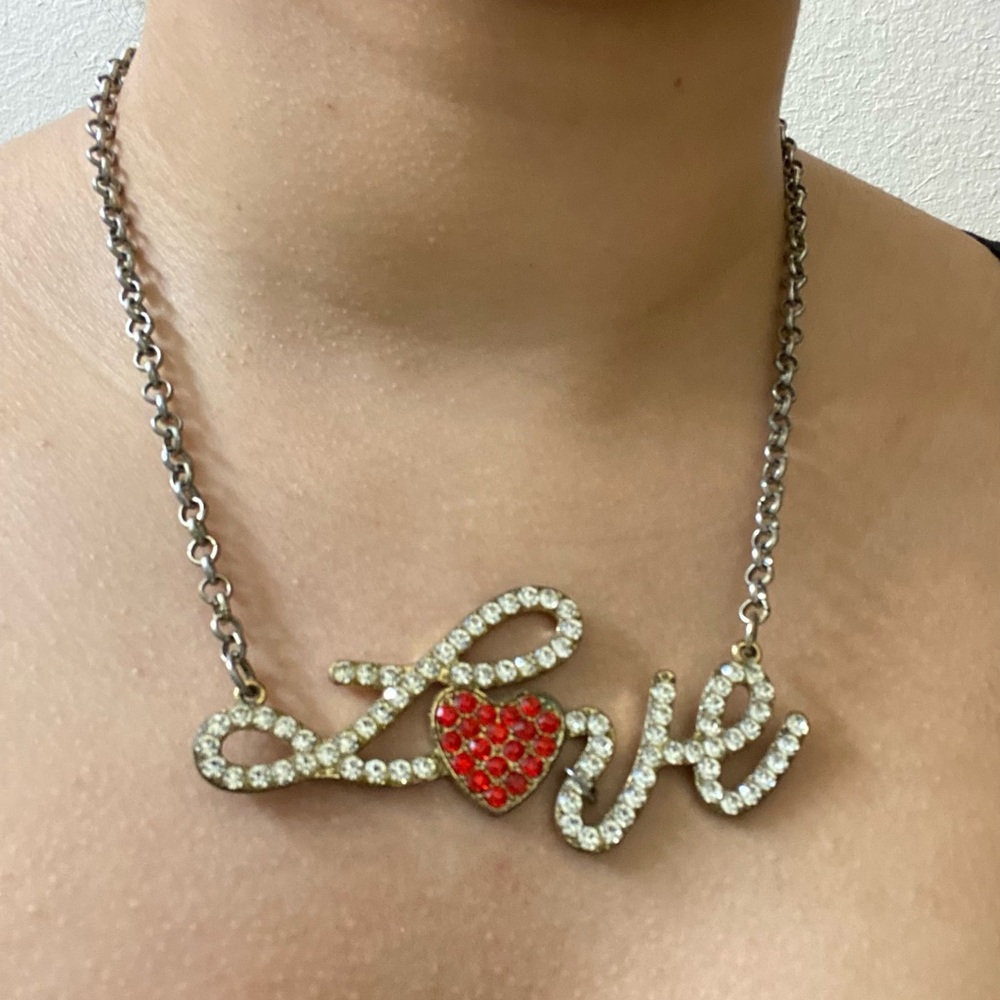 Y2K Pendant “Love” Chain Necklace with Rhinestone/Heart Design - Pre-owned